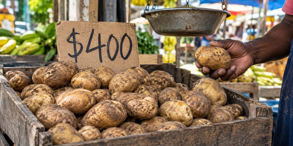 Irish potatoes in a wooden crate at a market stall under a handwritten $400 sign