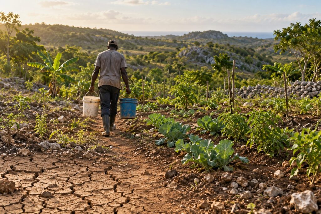 A farmer carries two buckets of water across cracked, dry soil between rows of cabbage and pepper plants