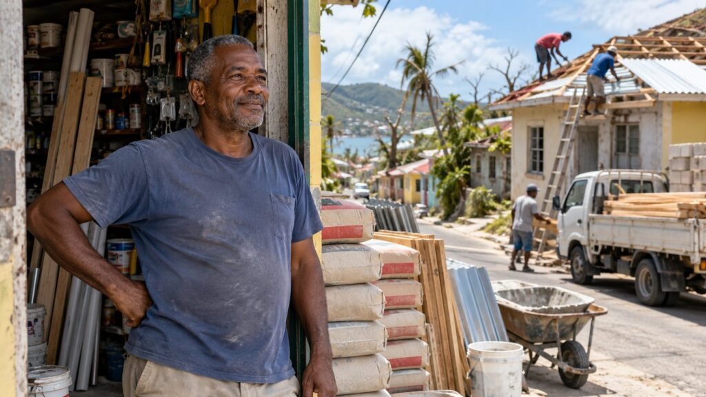 A hardware store owner stands beside bags of cement as a street is rebuilt