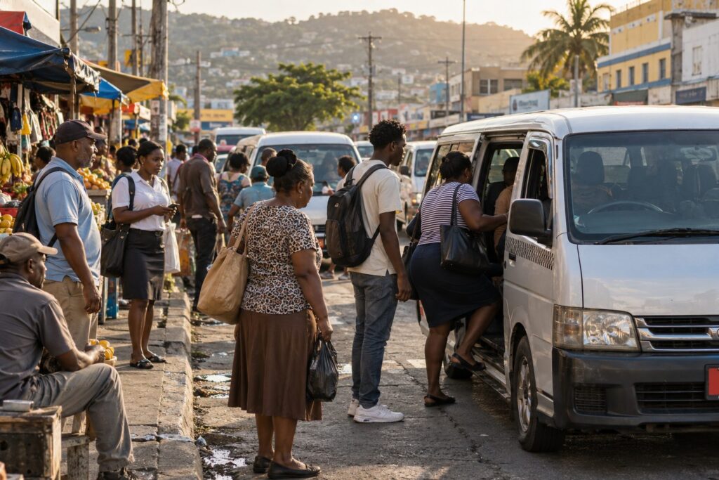 Commuters boarding a route taxi at a busy town-centre stop beside market stalls