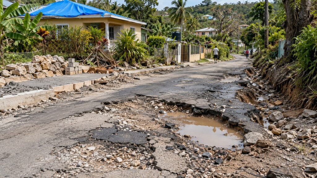 A broken, potholed road beside a house with a blue tarpaulin on its roof