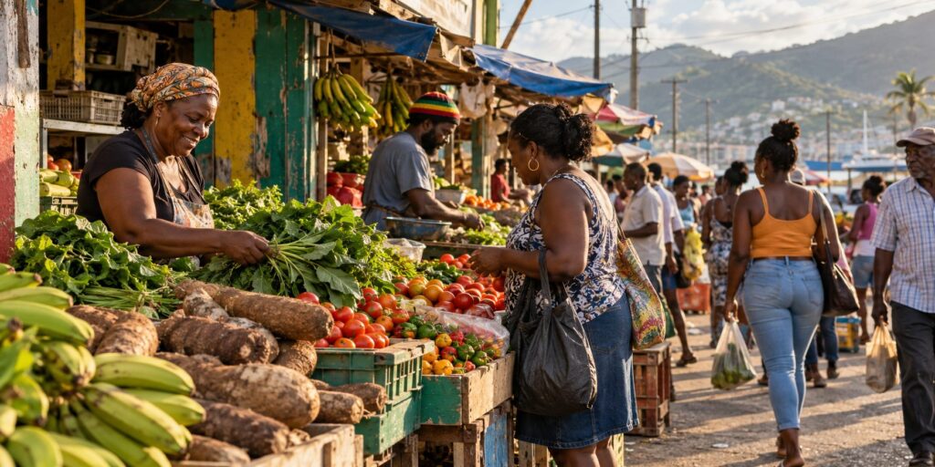A vendor bundles greens for a customer at a busy produce market