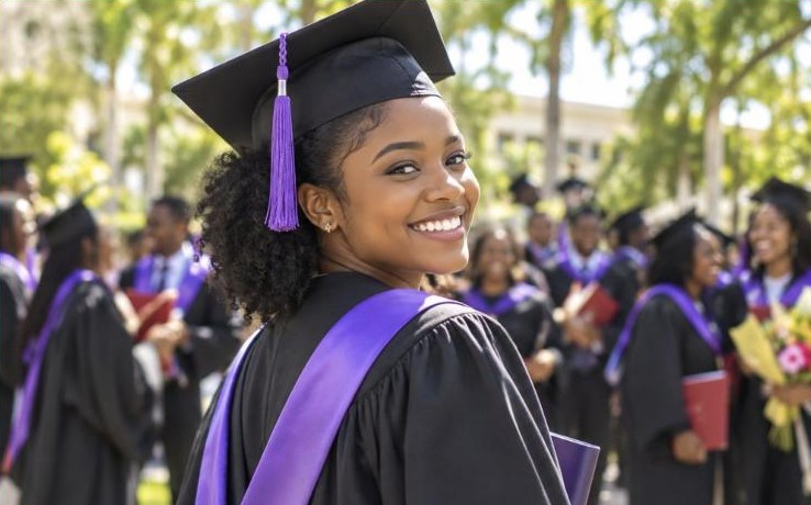 Smiling graduate in cap and gown at a college graduation