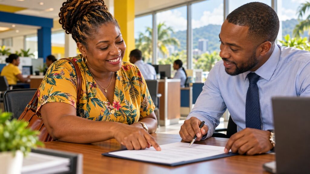 A business owner reviews a loan document with a bank officer