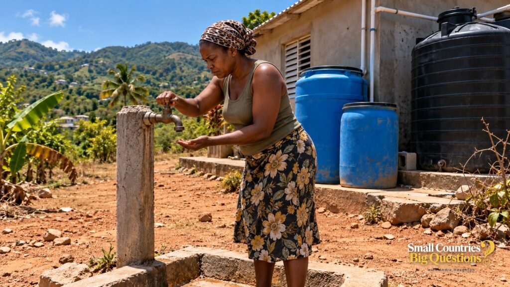 Woman at a dry standpipe beside water drums and a tank
