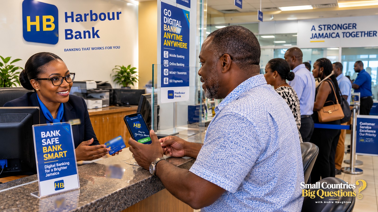 A man with his bank card and phone talks with a teller at a bank counter