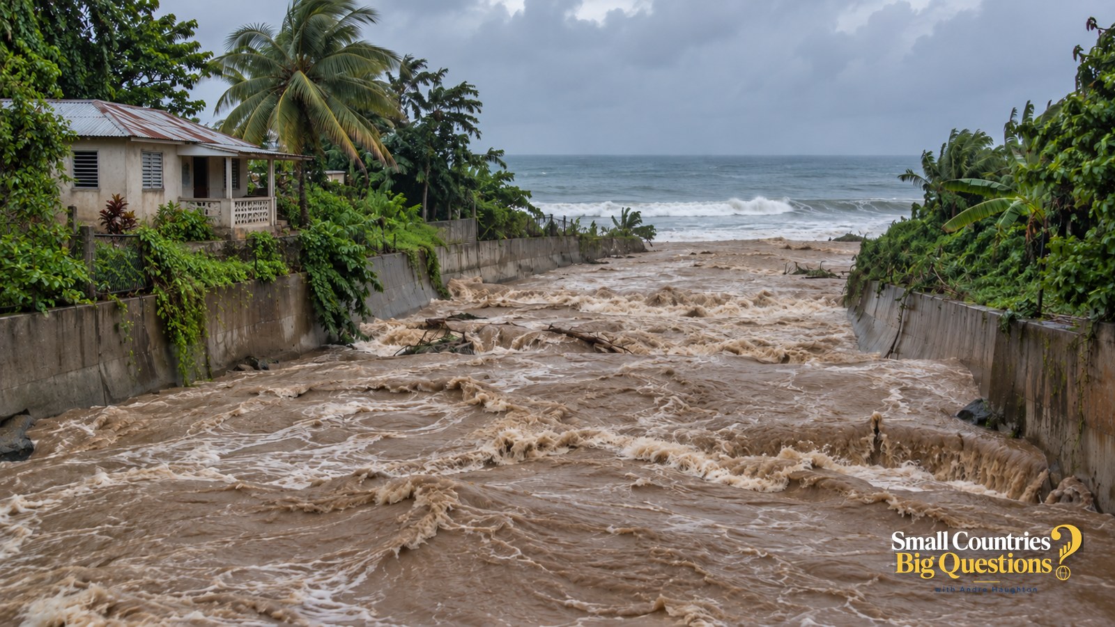 Floodwater rushing down a gully to the sea