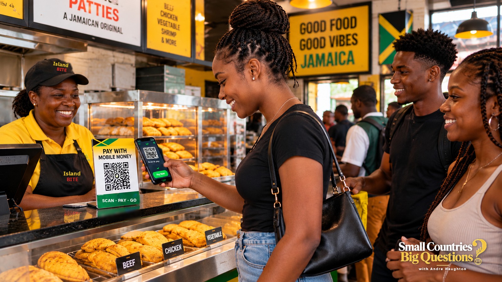 A young woman pays by phone at a patty shop counter
