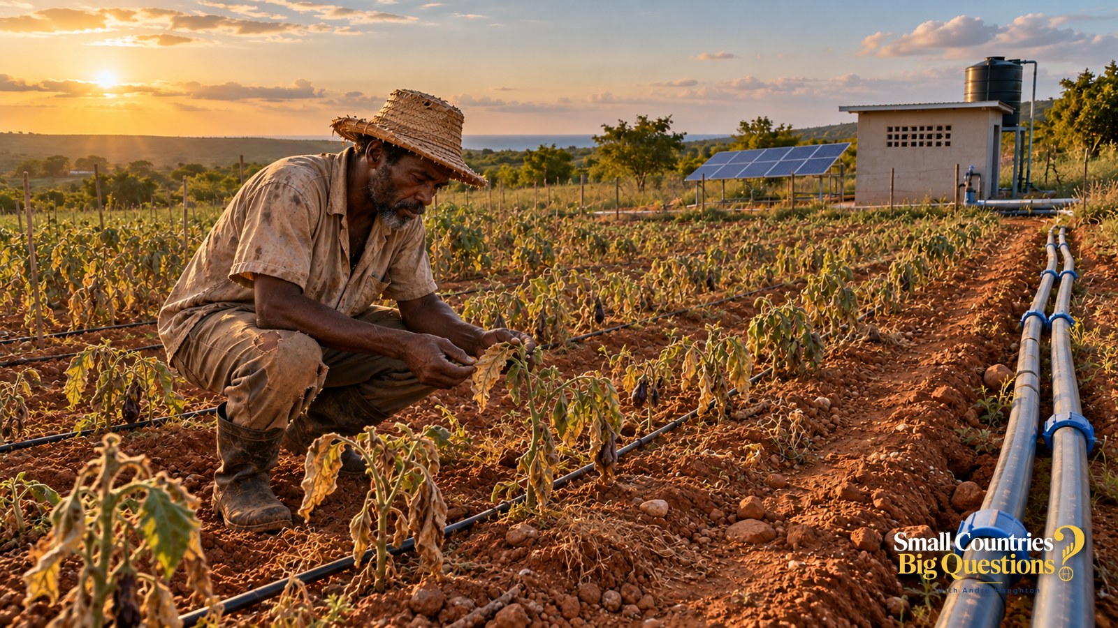 Farmer checking drought-damaged crops beside irrigation pipes