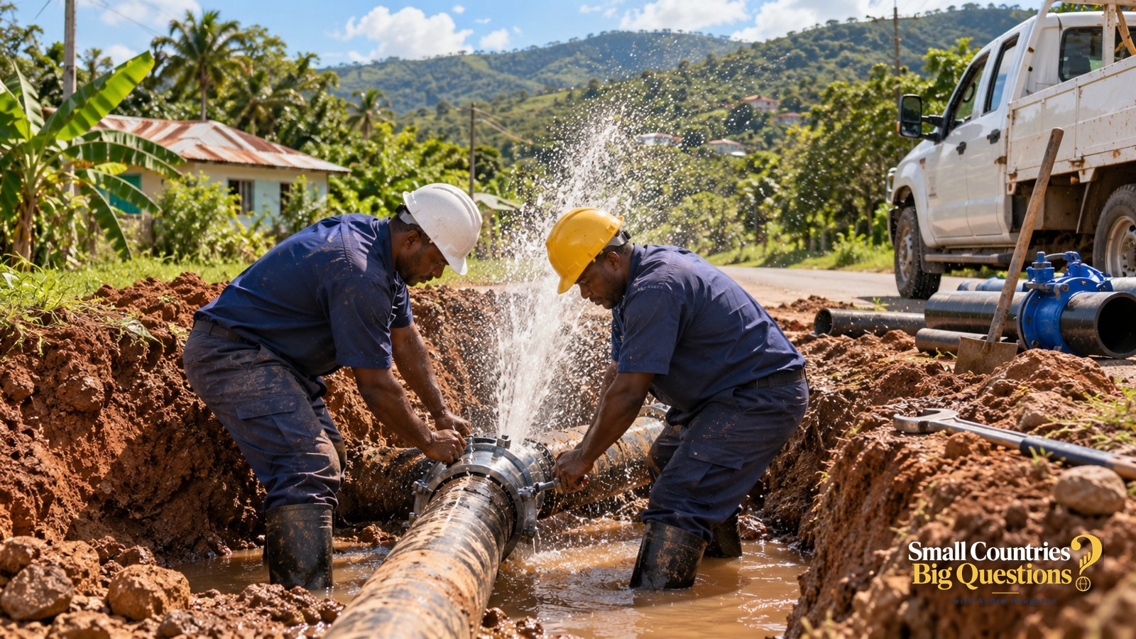Workers repairing a burst water main