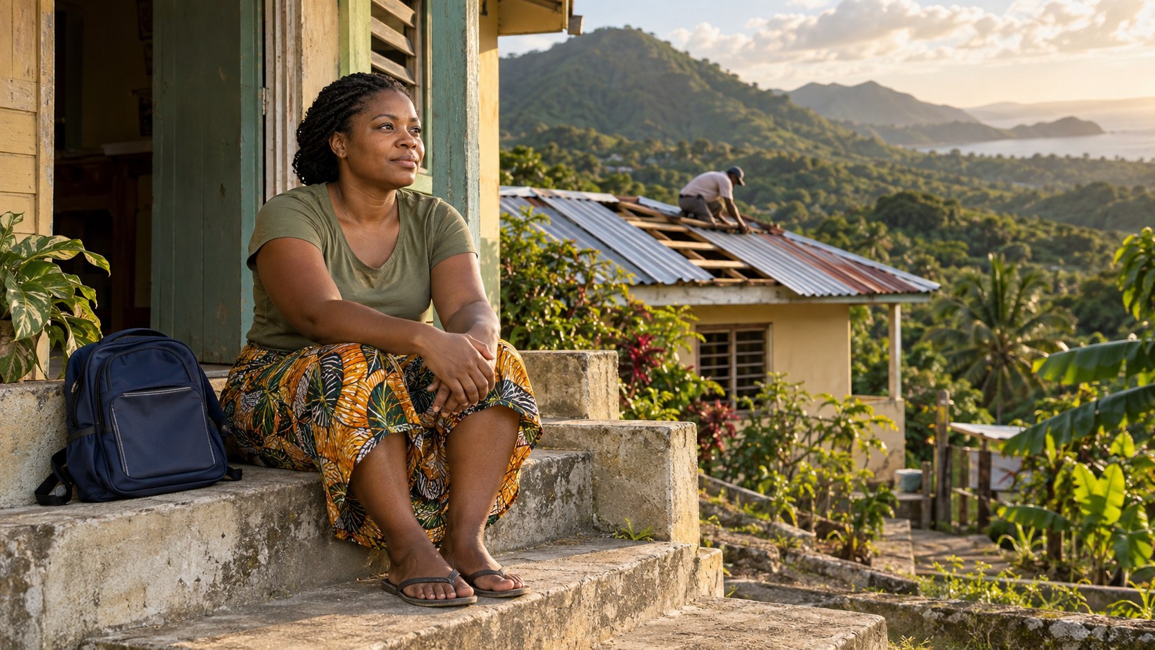 A woman sits on the front steps of her home while a roof is repaired behind her