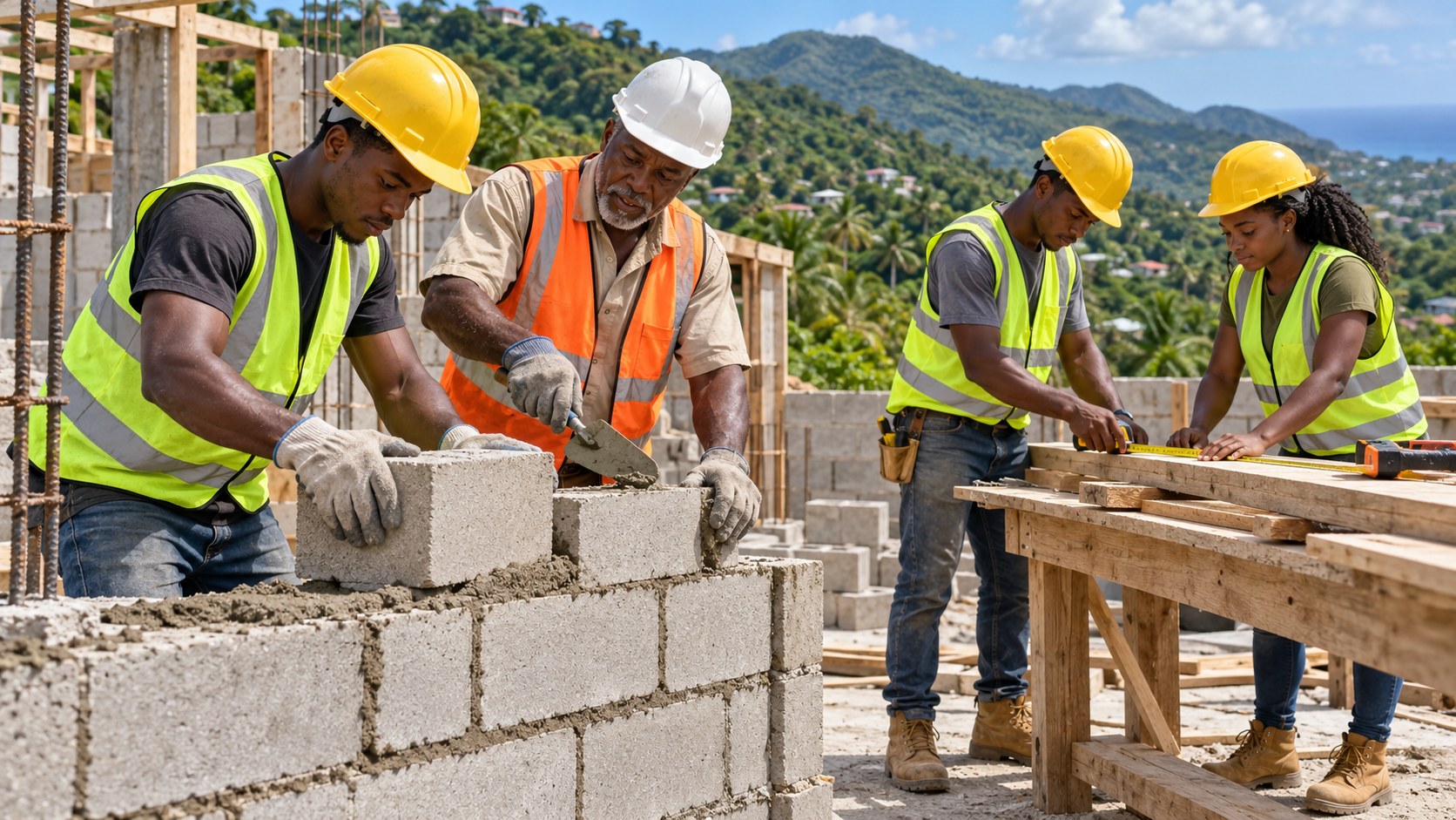 Young apprentices learn masonry and carpentry from an instructor on a rebuilding site